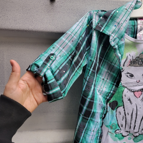 ❤️🩷❤️ 2 in 1 button up and tank size small knitworks cat kitty watercolor plaid - Picture 9 of 9
